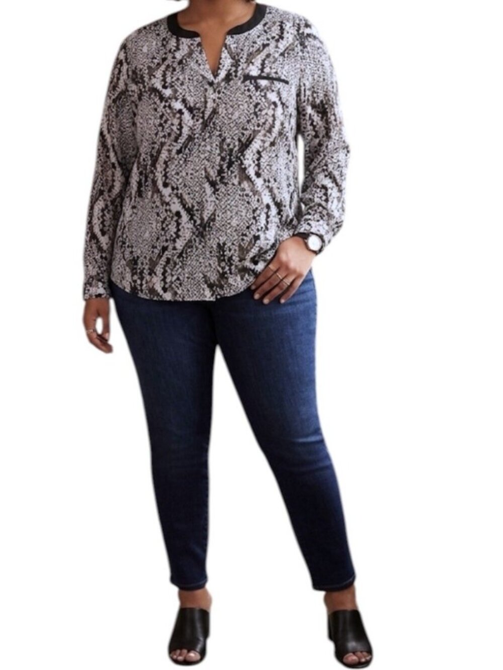 Worthington Black & White Snakeskin Print Boho Shabby Chic Blouse Size 1X